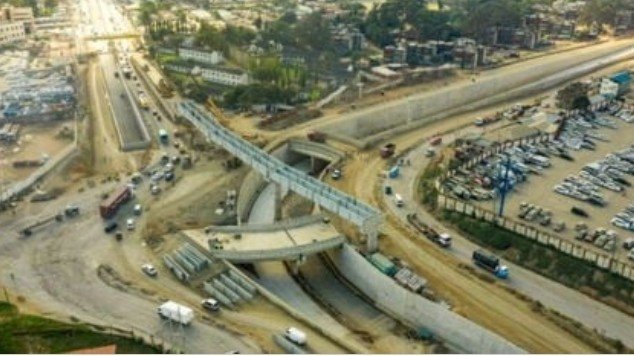 Construction work on a Kenya National Highways Authority (KeNHA) road project with machinery and workers on site.