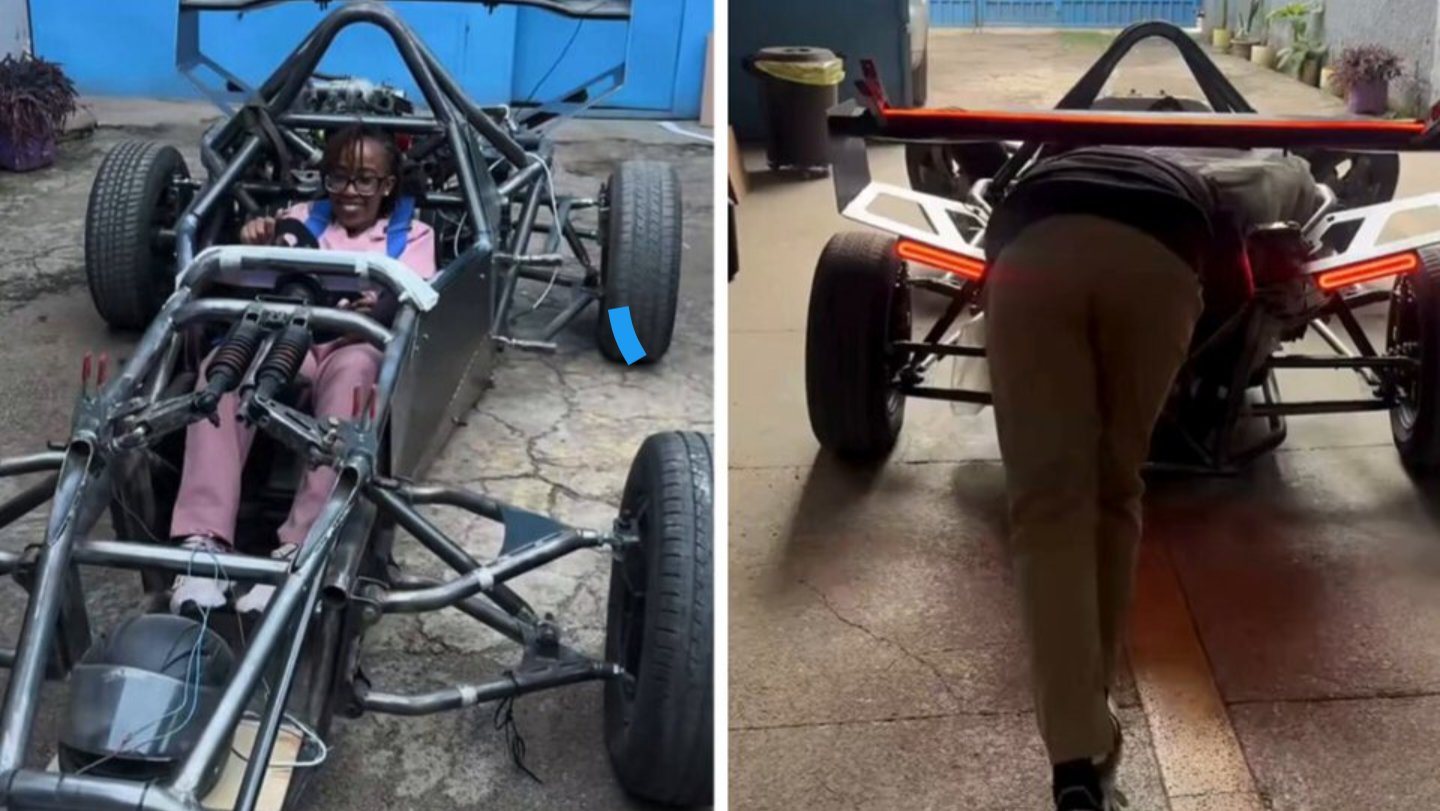 A split screen showing a custom-built open-wheel racing car chassis with a driver inside and a view of the rear LED taillights.