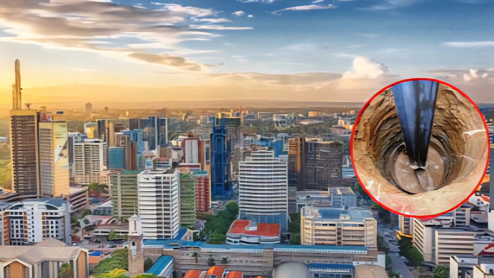 A wide aerial view of the Nairobi city skyline featuring dense high-rise buildings under a clear sky.