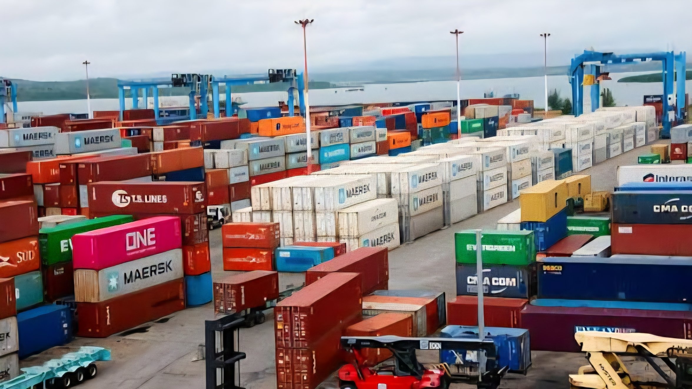 A high-angle view of the Port of Mombasa showing rows of colorful shipping containers, heavy-duty reach stackers, and ship-to-shore cranes under a clear sky.