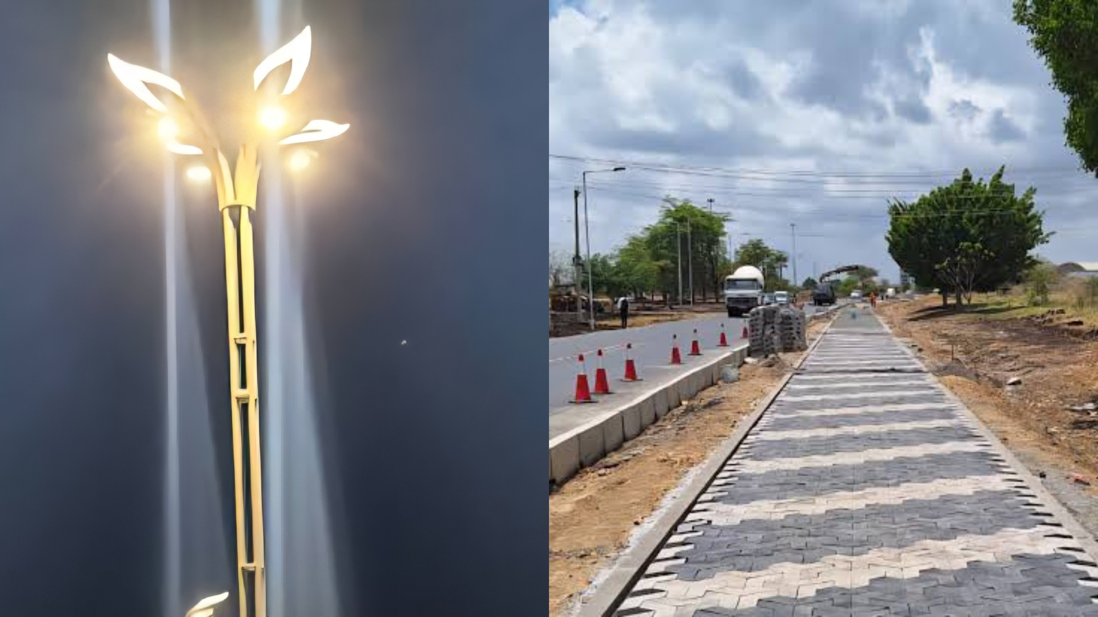 Newly installed street lighting poles and paved pedaved pedestrian walkways along the entrance road to Jomo Kenyatta International Airport in Nairobi.