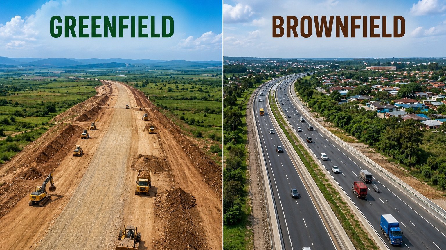 Aerial split view showing unpaved greenfield road construction alongside a multilane asphalt brownfield highway.
