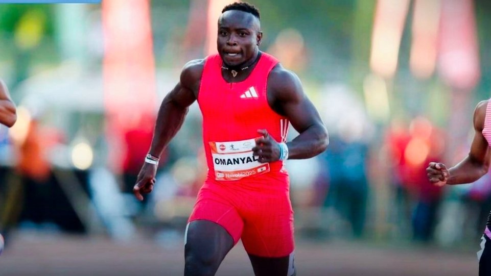 Ferdinand Omanyala crossing the finish line to win the men's 100m in 9.96 seconds at the 2026 Kip Keino Classic, Nyayo National Stadium