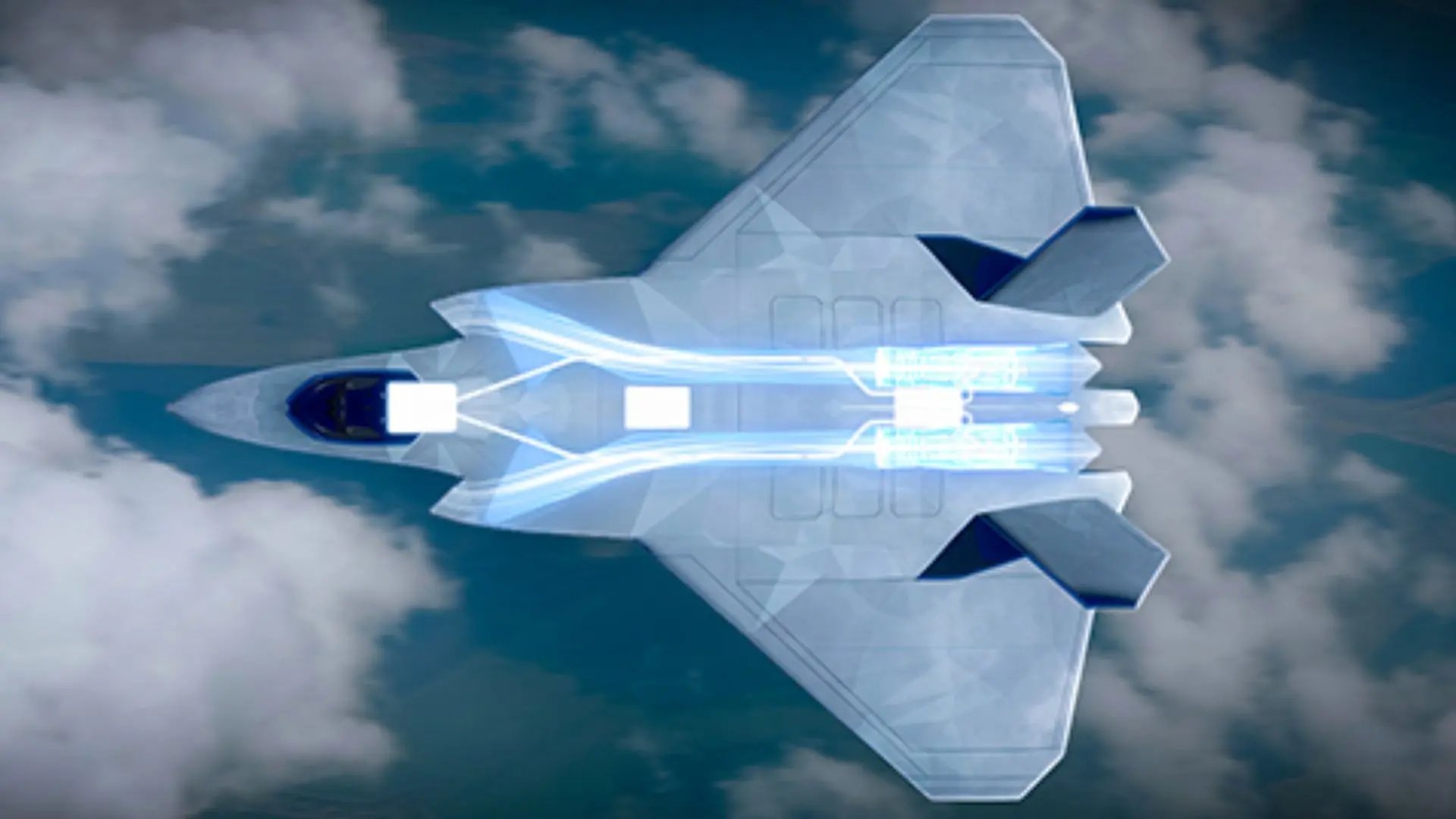 Digital rendering showing the top-down external view of a futuristic sixth-generation combat aircraft concept flying above cloud cover.