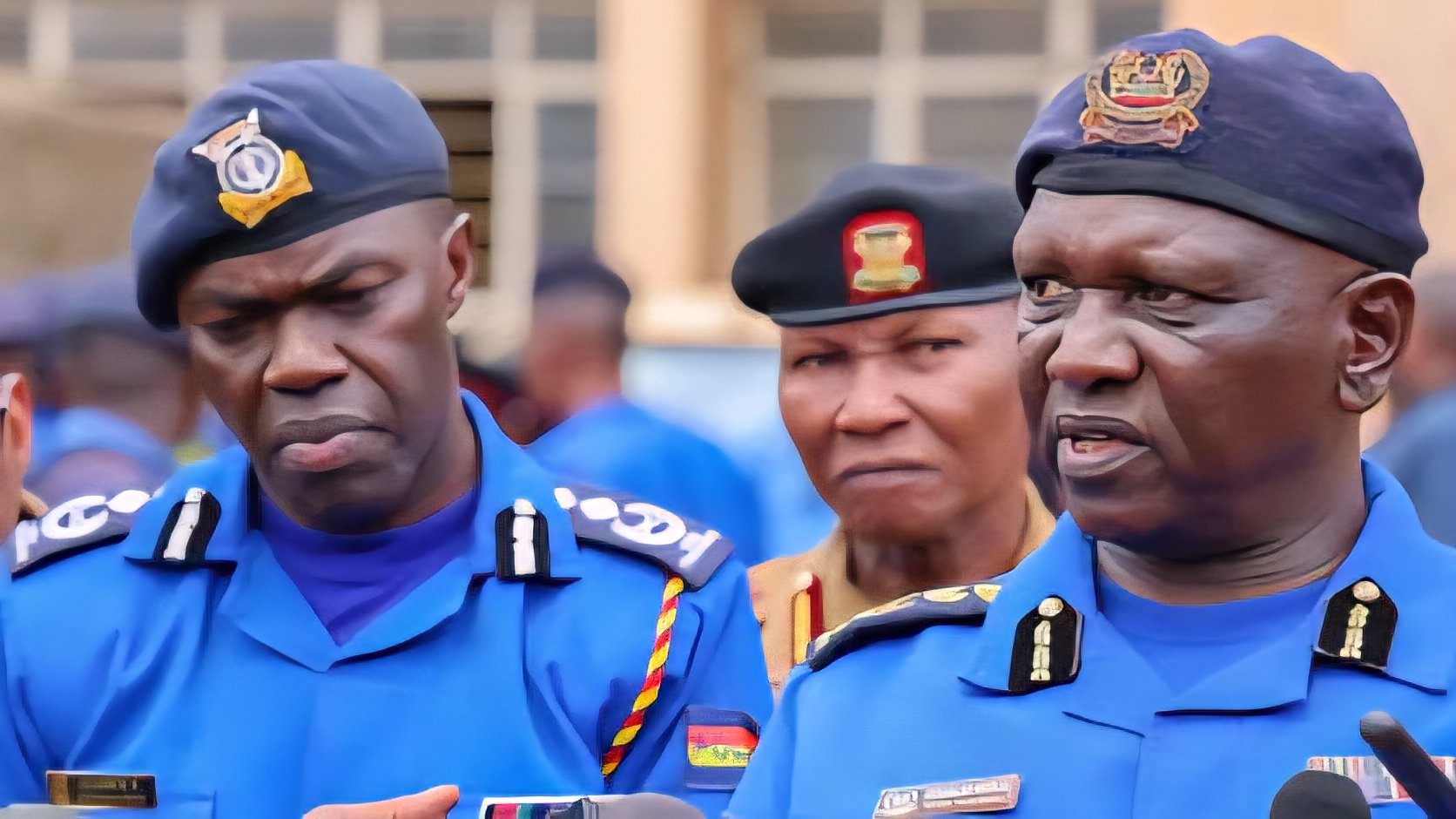 Inspector General of Police Douglas Kanja and senior police officials in blue uniforms during a press briefing regarding national security and protest management.