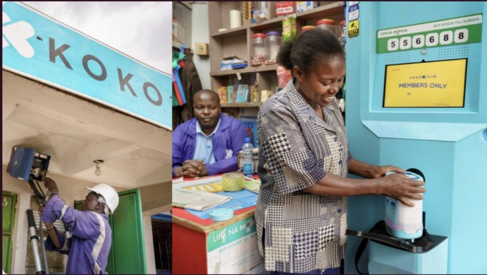 Woman using KOKO Networks blue bio-ethanol fuel dispenser Point in Nairobi shop to refill cooking canister, representing Kenya's clean cooking infrastructure now under PwC administration.