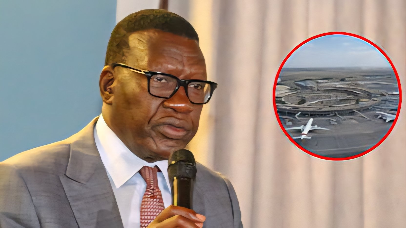 Transport Cabinet Secretary Davis Chirchir speaking at a podium during a stakeholder meeting regarding the Jomo Kenyatta International Airport expansion.