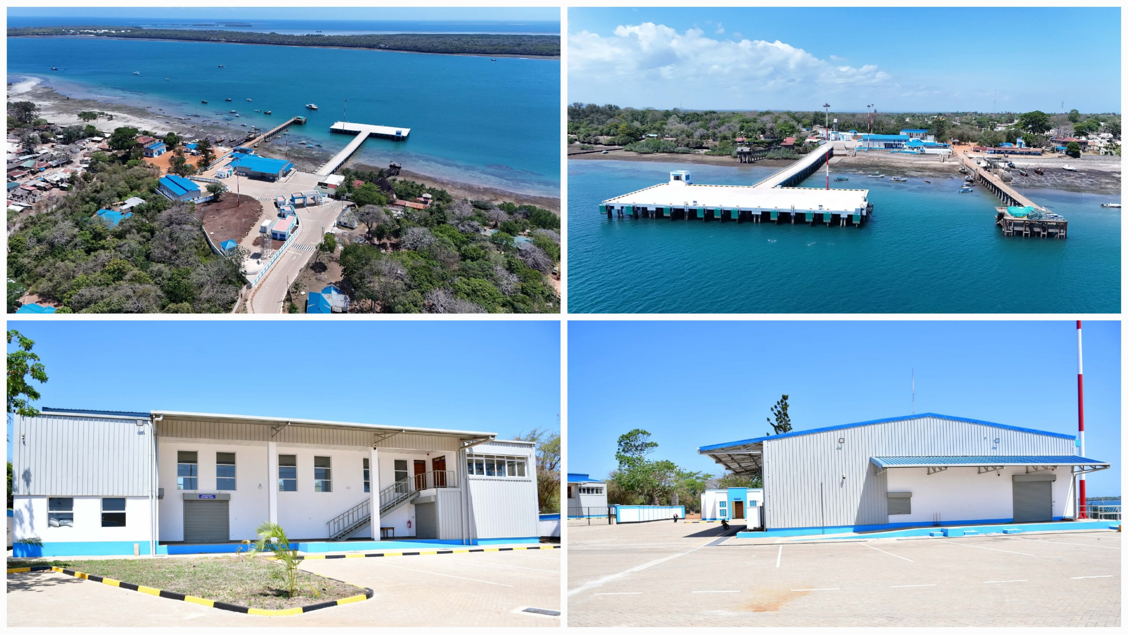 Photo collage of the new 75-meter jetty and causeway at the Shimoni Fish Port in Kwale County.