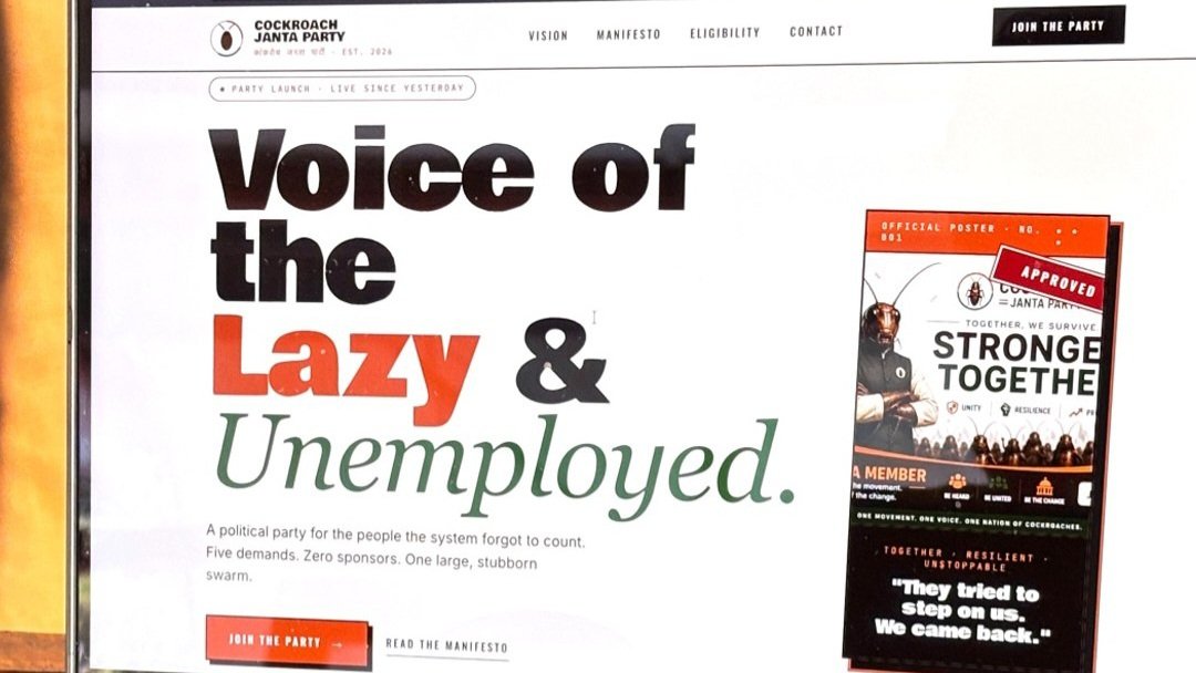 A hand points at a laptop screen displaying the homepage of the Cockroach Janta Party website with the headline India's Cockroach army and the great exam betrayal.