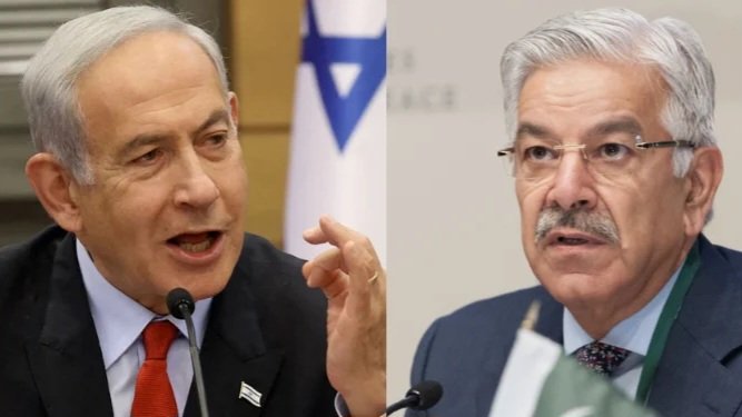 A composite image showing Israeli Prime Minister Benjamin Netanyahu on the left and a Pakistani government representative on the right against their respective national backdrops.