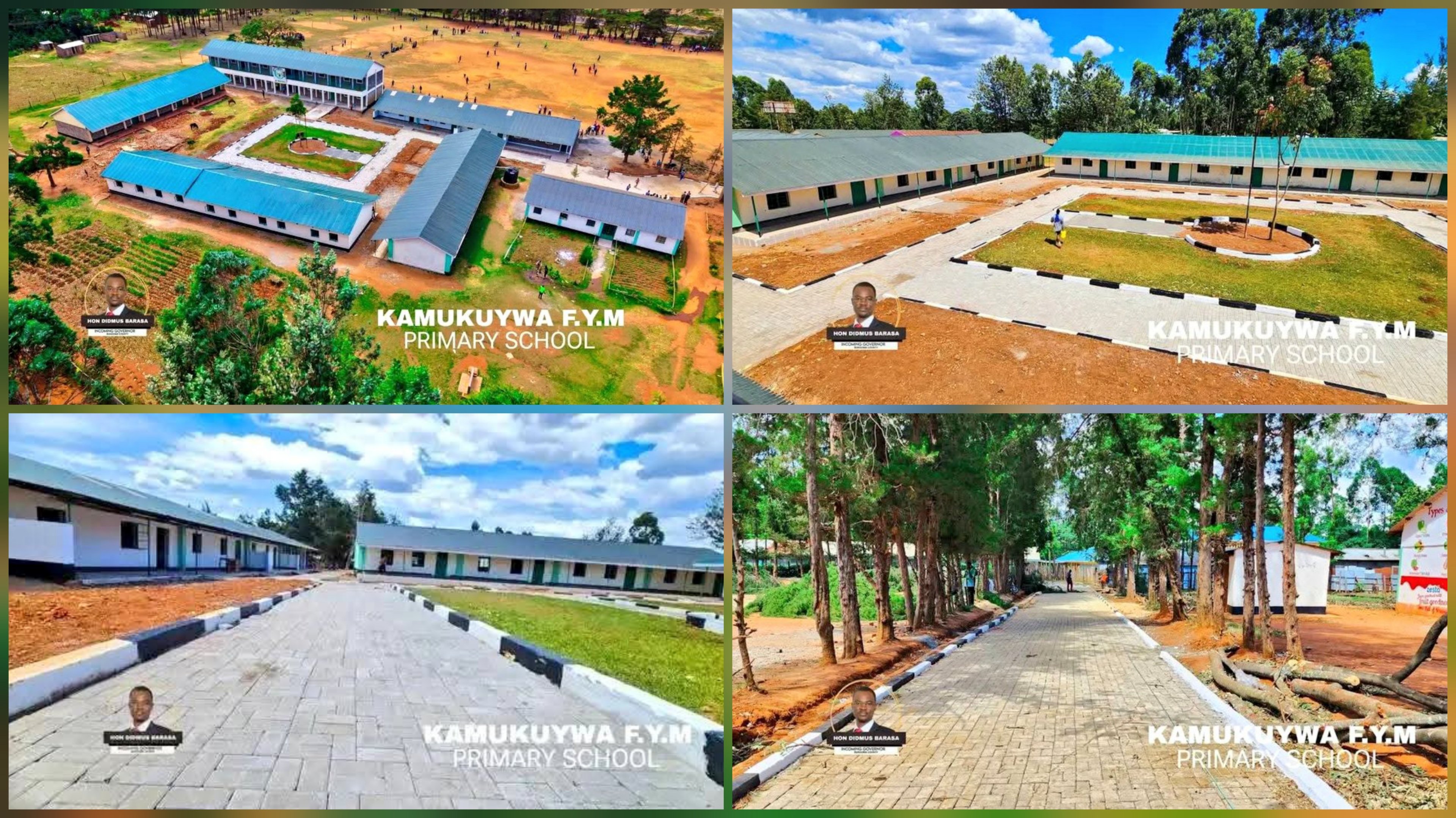 Aerial and ground-level views of the renovated Kamukuywa FYM Primary School showing blue-roofed buildings, paved walkways, and manicured lawns.