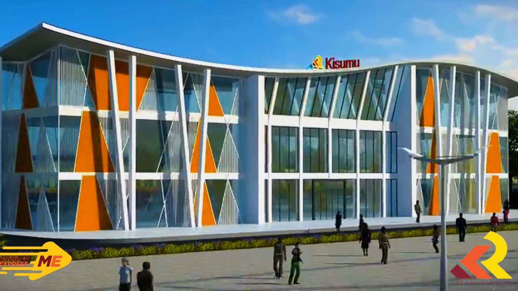 Architectural rendering of the proposed modern multi-storey Kibos railway station building alongside an image of the existing corrugated metal station structure in Kisumu.