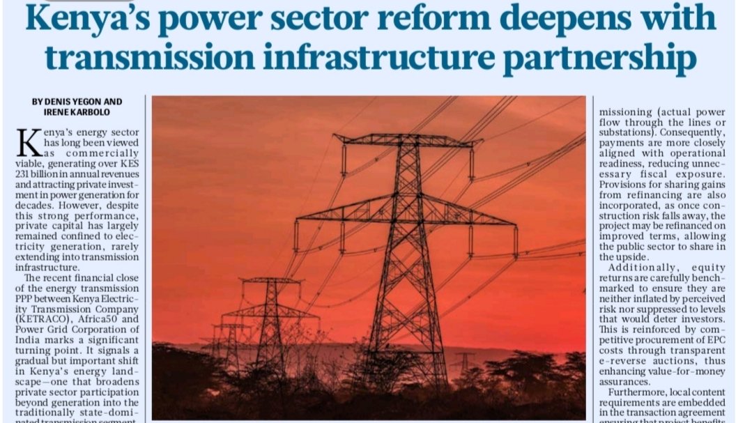 High-voltage transmission power lines stretching across open landscape in Kenya at sunset