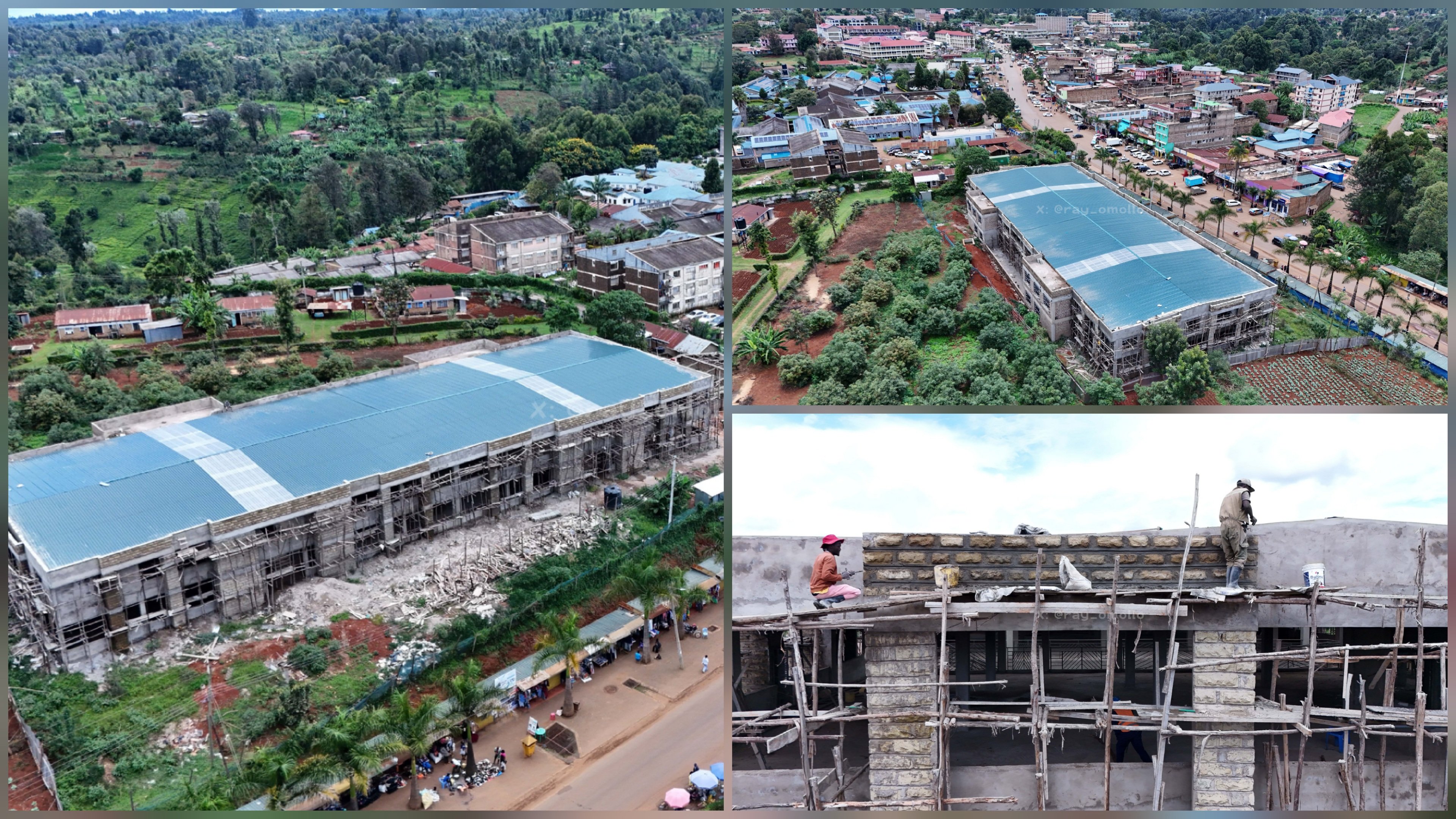 Aerial and interior views of the Chogoria ESP Market construction site in Tharaka-Nithi County showing the large blue-roofed structure and workers fitting internal stalls.
