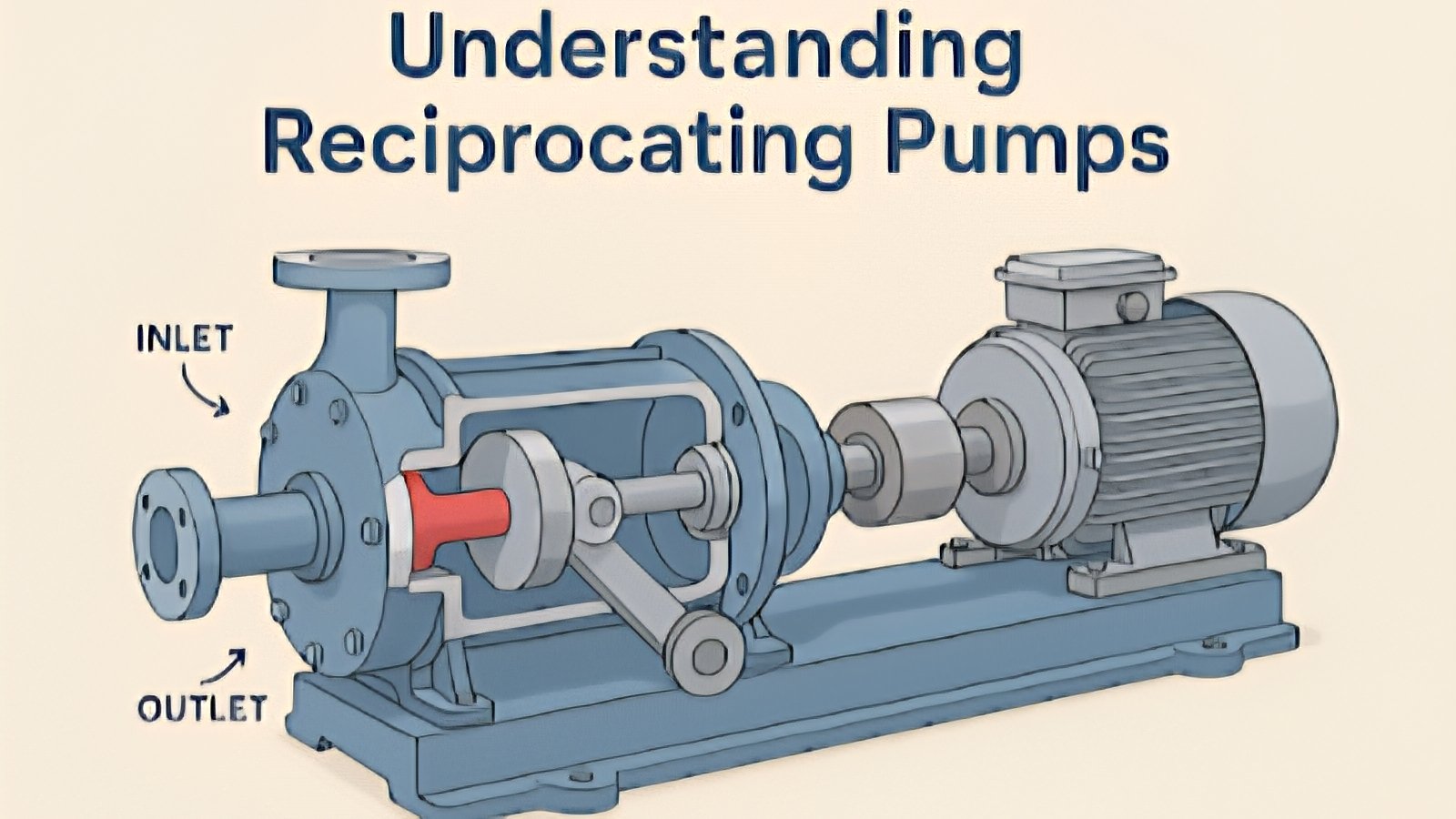 A technical 3D cross-section diagram of a reciprocating pump showing the internal piston, crankshaft, and valves connected to an electric motor.