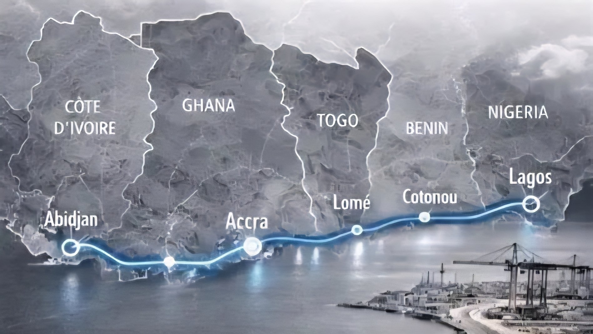 A map of West Africa detailing the 1,028-kilometer coastal highway route connecting Abidjan, Accra, Lome, Cotonou, and Lagos.