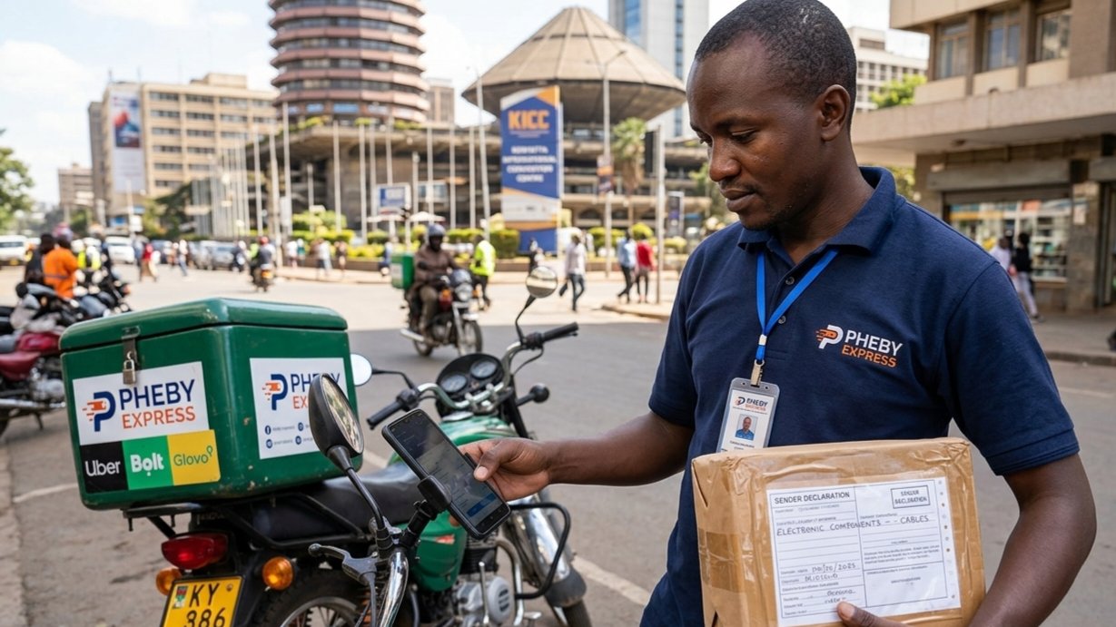A delivery courier holding a package while using a mobile phone application in an urban street setting.