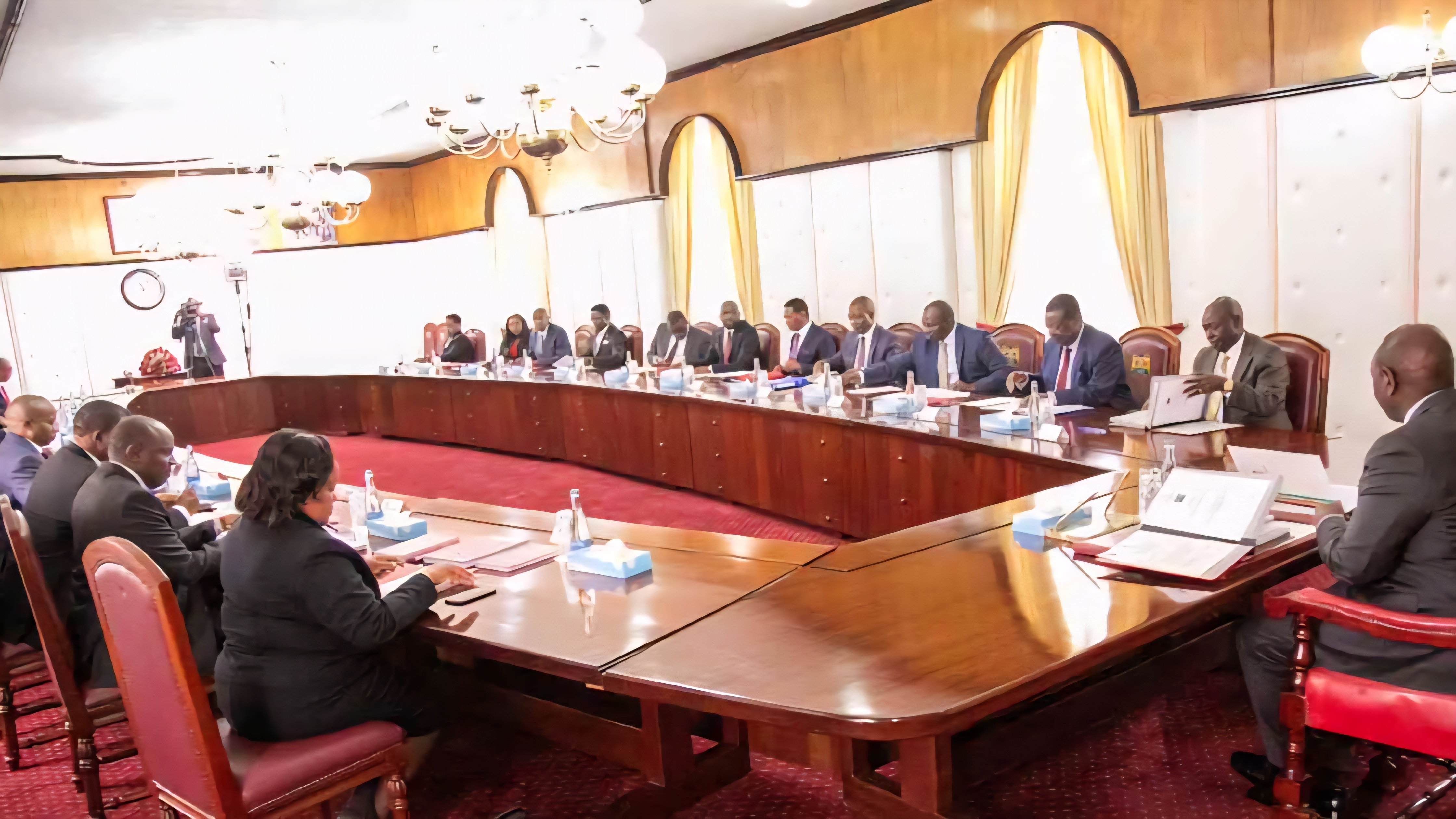 President William Ruto sitting at a conference table during a Cabinet meeting at State House, Nairobi.