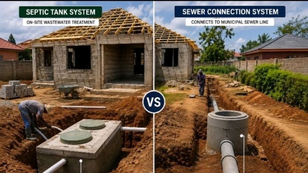 Side-by-side comparison of a septic tank being installed next to a house under construction and a sewer manhole with pipes laid in an open trench.