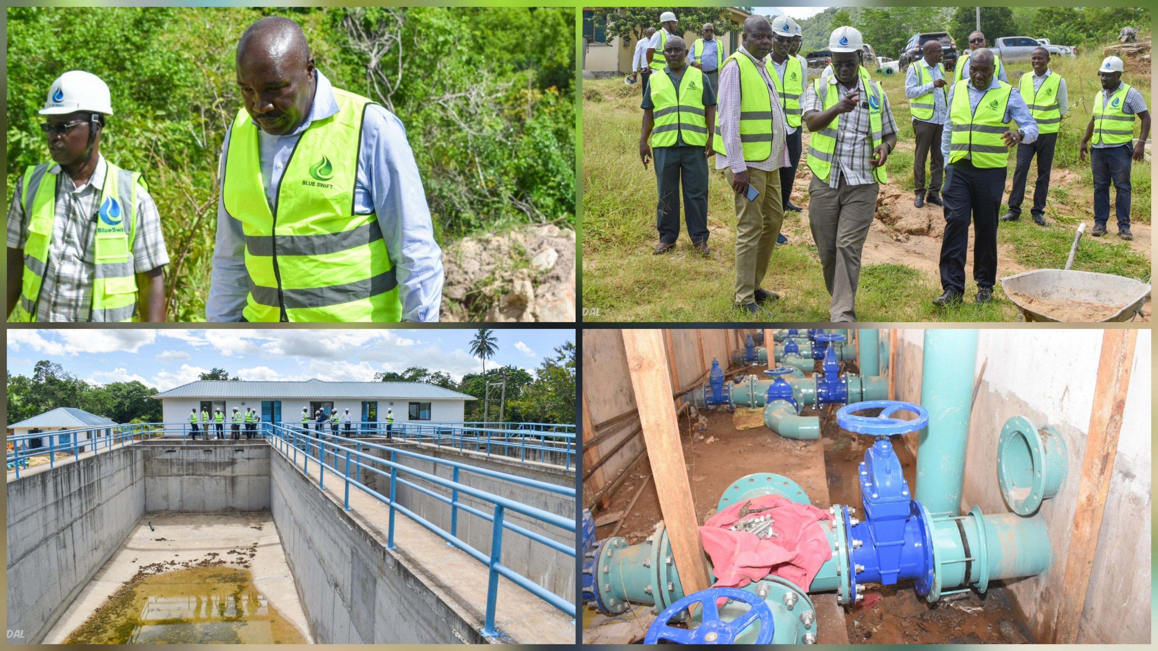 Principal Secretary Julius Korir and engineering officials wearing reflective safety vests during an inspection of the Marere Water Treatment Plant in Kwale.
