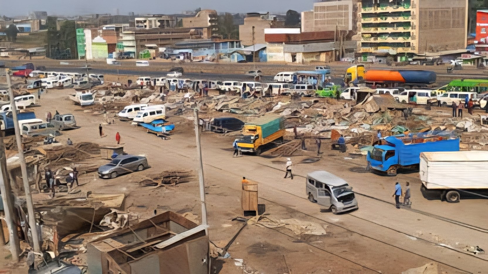 Heavy excavators clearing debris and demolished wooden structures along the service lane of Thika Superhighway in Githurai.