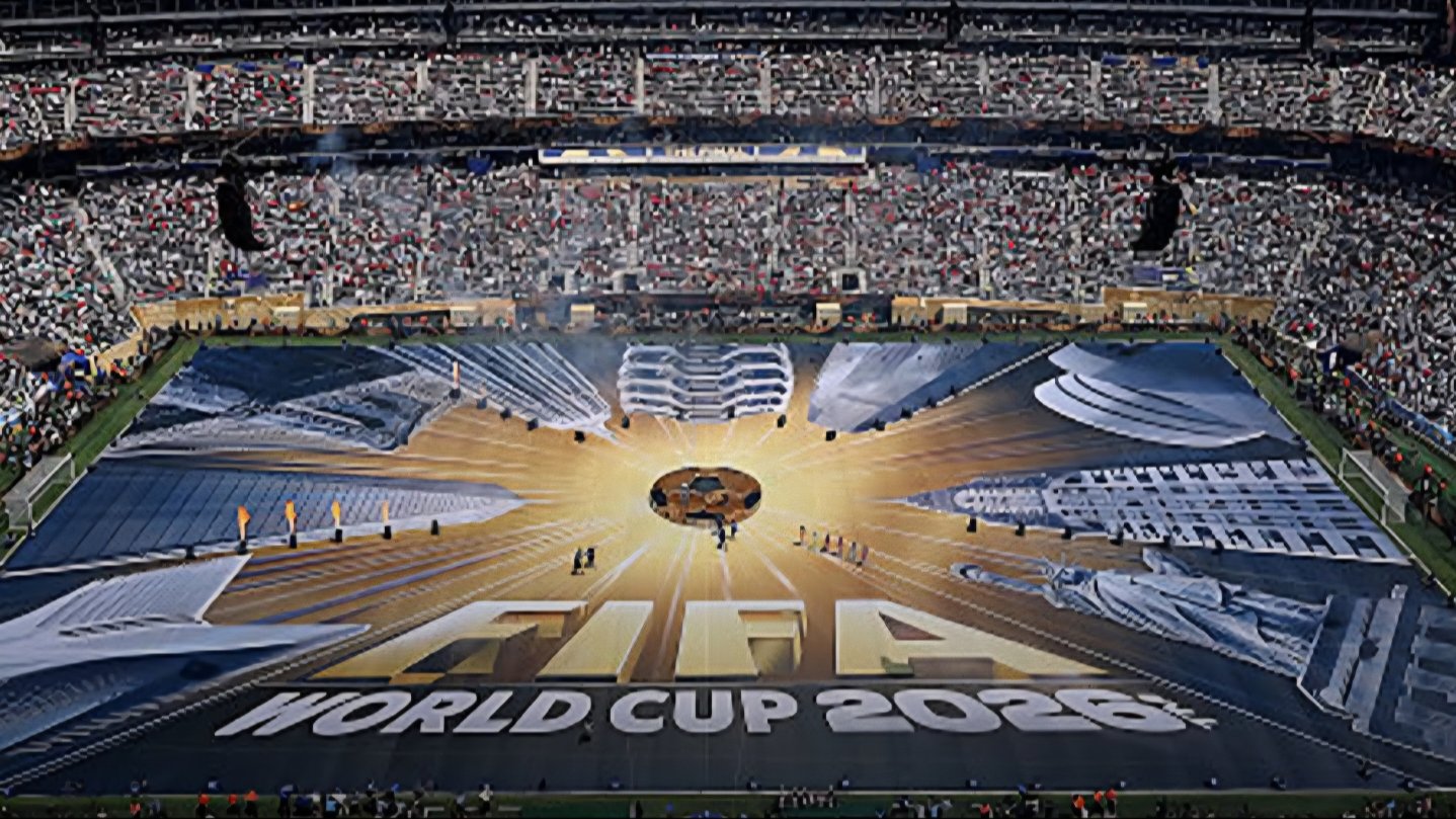 A stadium packed with spectators during an international sports broadcast event.