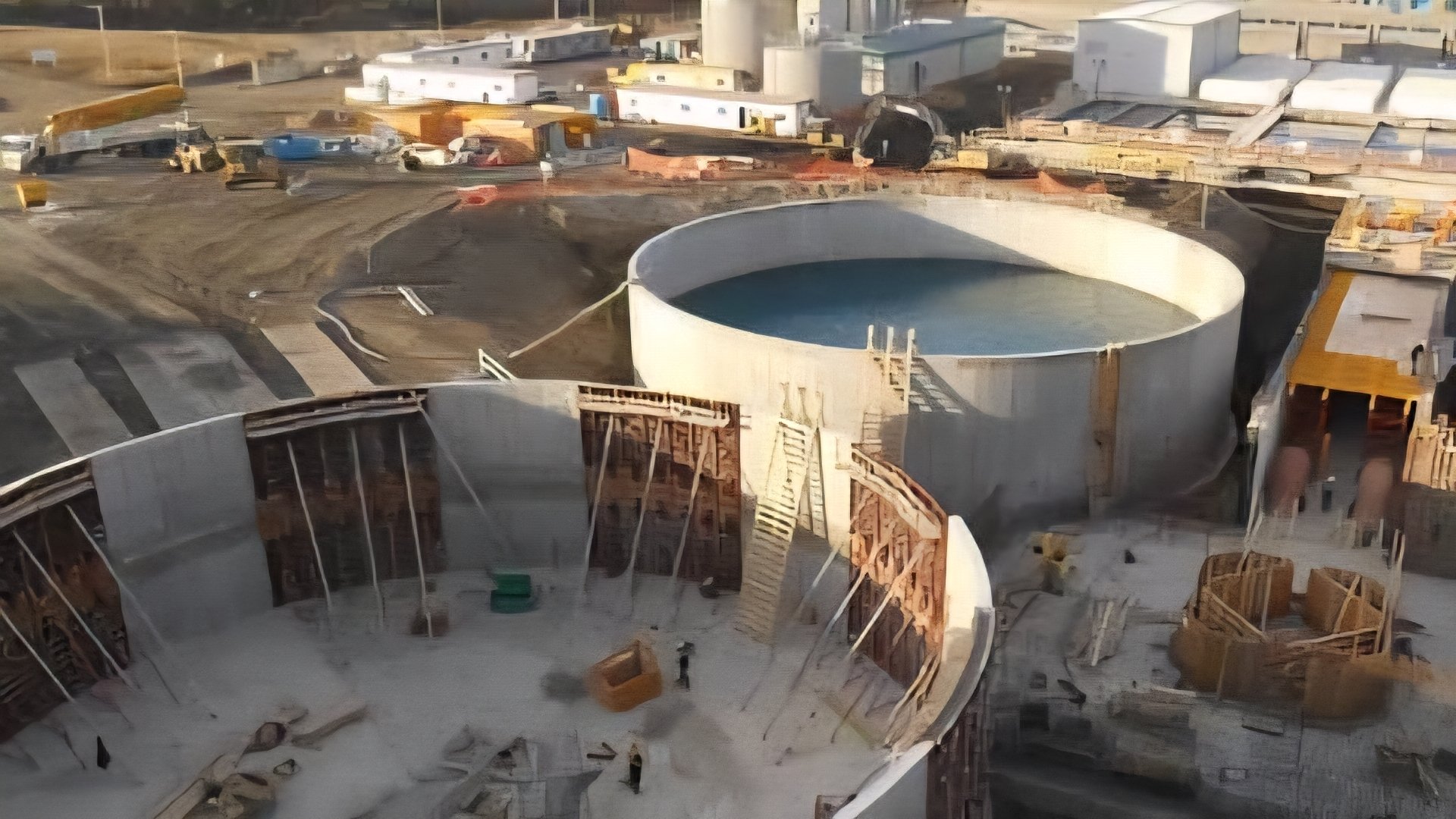 A large-scale water treatment plant under construction with heavy machinery and reinforced concrete tanks.
