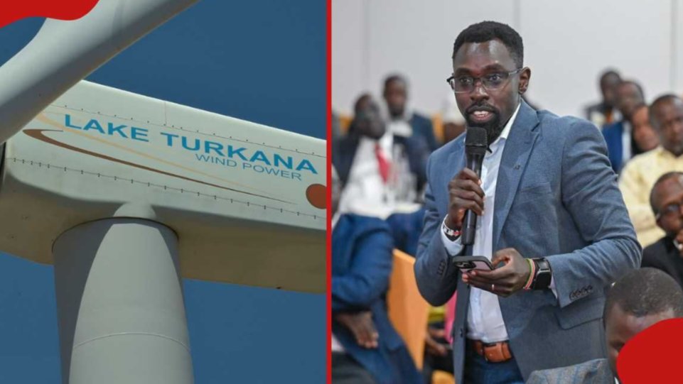 A split image showing a Lake Turkana Wind Power turbine on the left and Tim Kipchumba speaking into a microphone on the right.