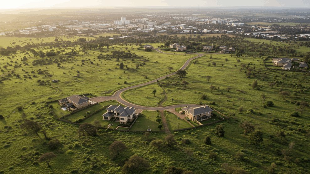 Aerial view of residential plots and partially developed land in a Nairobi satellite town, showing a mix of completed homes and undeveloped parcels.