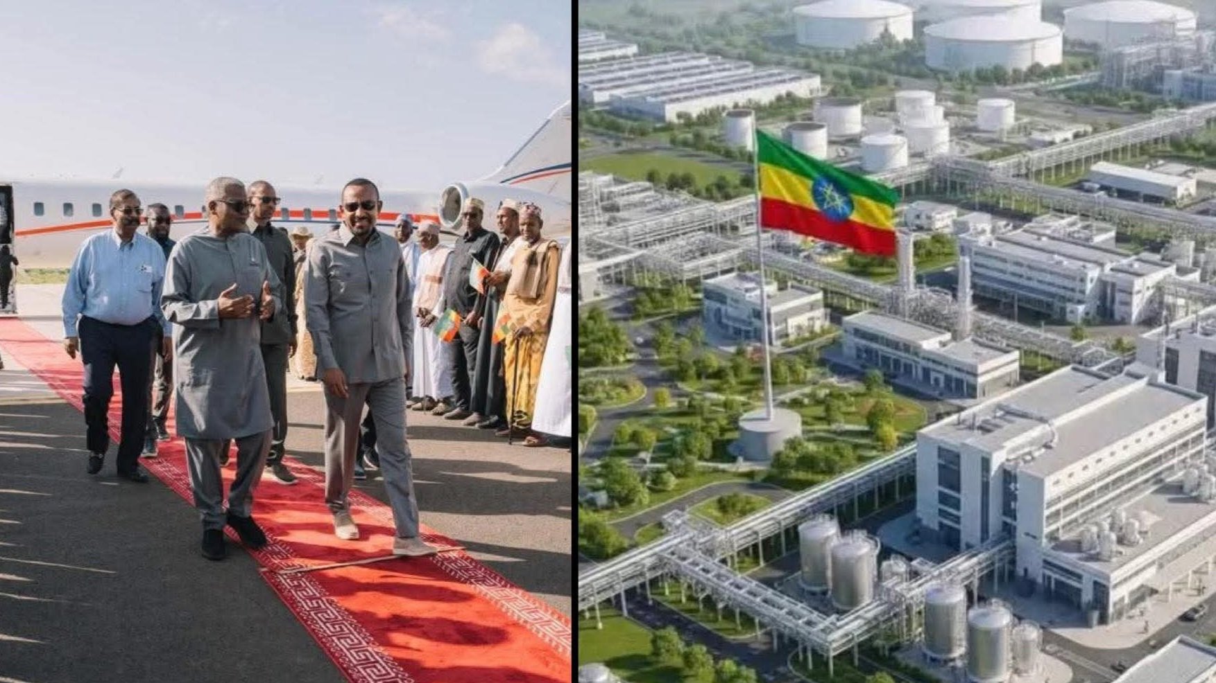 Ethiopian Prime Minister Abiy Ahmed and Nigerian billionaire Aliko Dangote walking together and inspecting architectural site diagrams at an industrial development area in Gode.