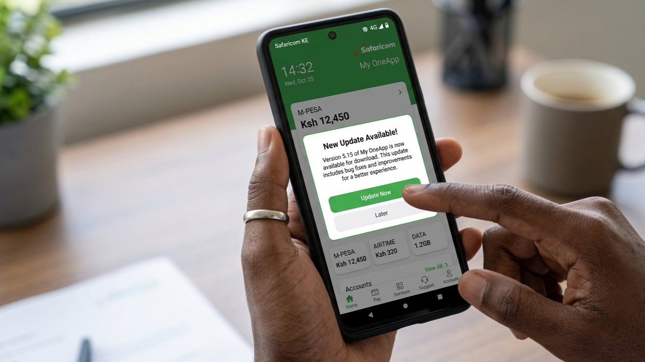 Close-up of the Safaricom My OneApp interface on a smartphone screen showing the update notification.