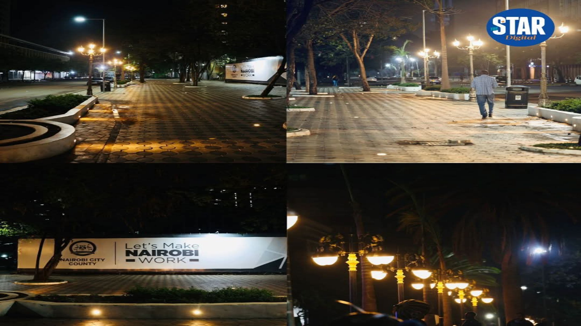 A wide-angle view of a newly paved cabro walkway in Nairobi CBD at night, illuminated by tall Victorian-style street lamps with buildings in the background.