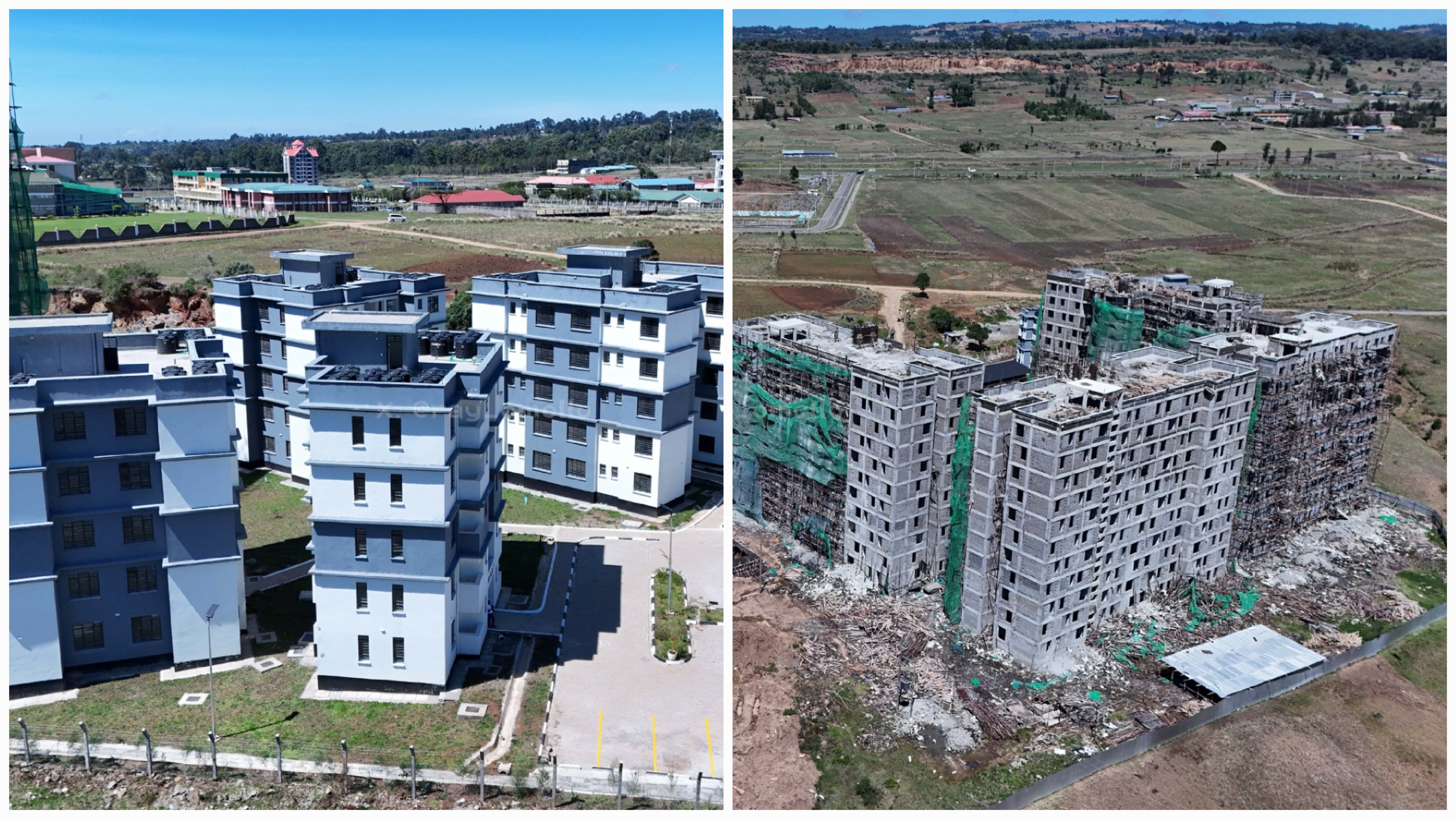 Aerial view of several multi-story apartment blocks under construction with green safety netting in Ol Kalou, Nyandarua County.