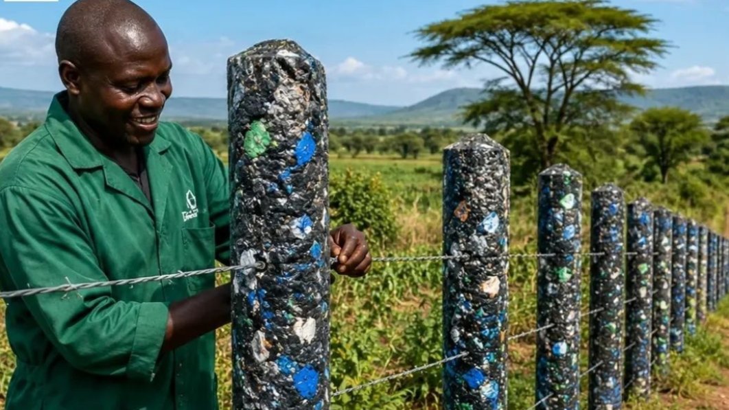 Recycled plastic fence posts installed in a rural Kenyan farming area