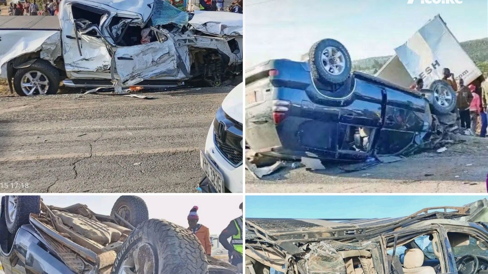 Overturned vehicle and wreckage at the scene of a multi-vehicle crash at Karai along the Nairobi-Nakuru highway, June 15 2026