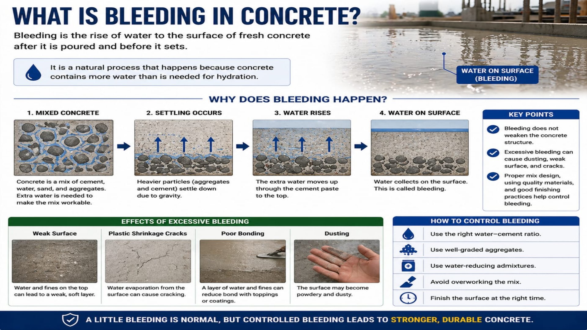 Close-up of a fresh concrete slab showing a layer of bleed water pooling on the surface with visible aggregate settling.