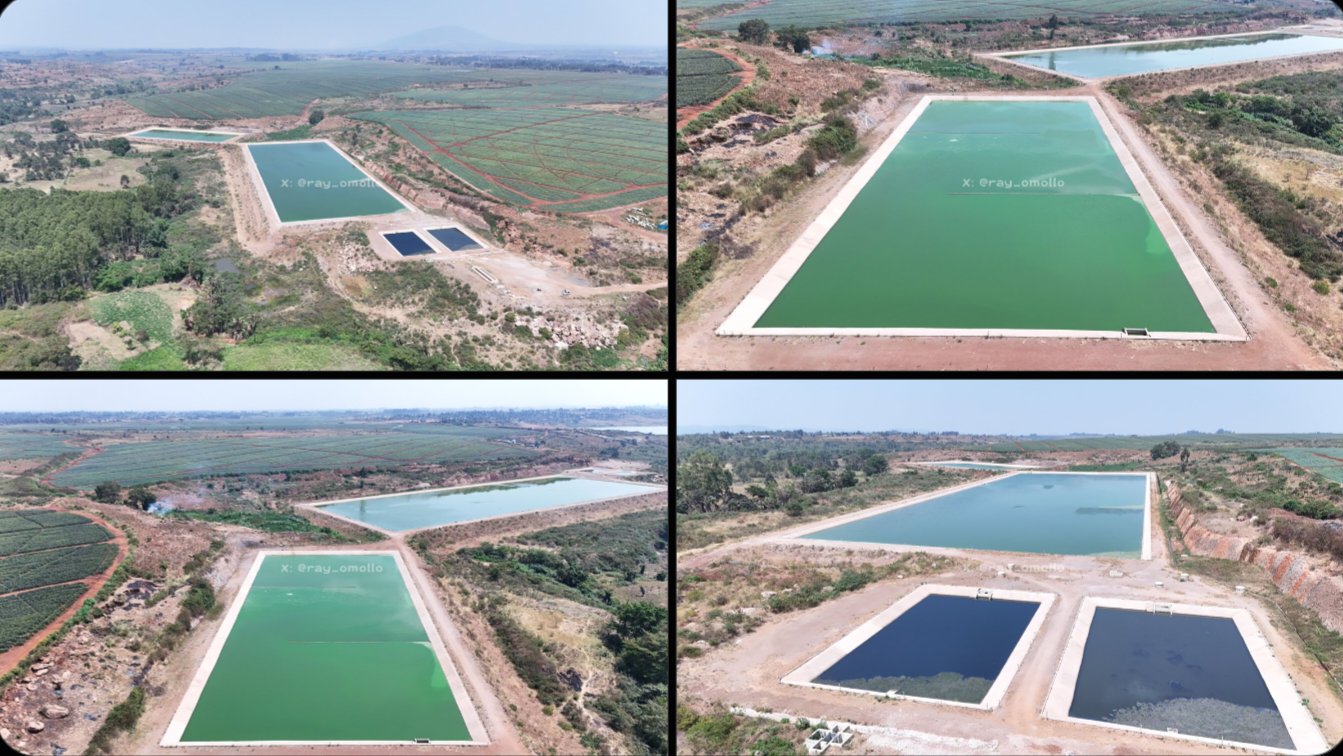 Aerial view of large rectangular wastewater treatment ponds and water supply infrastructure at the Kenol-Makutano project site.