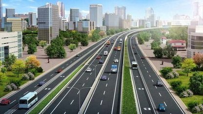 A digital rendering of a multi-lane dual carriageway with several vehicles and modern city buildings in the background.