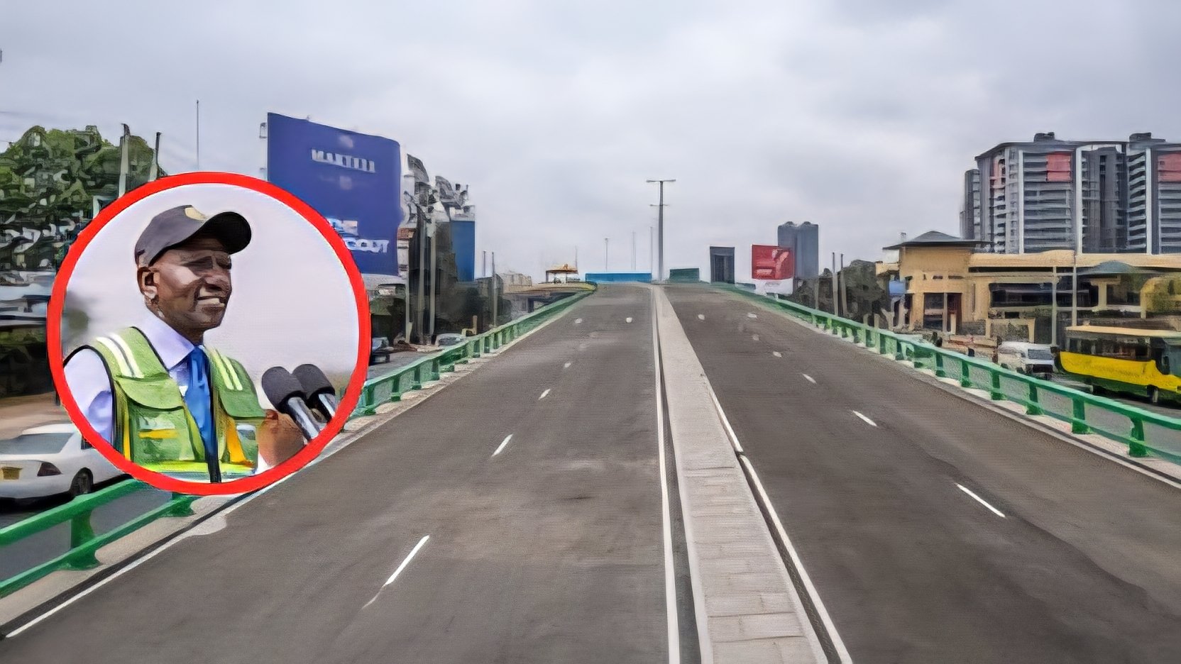 A wide perspective view of the newly completed Ngong-Naivasha Road Flyover asphalt surface and green guardrails in Nairobi as captured in file 290259.png.