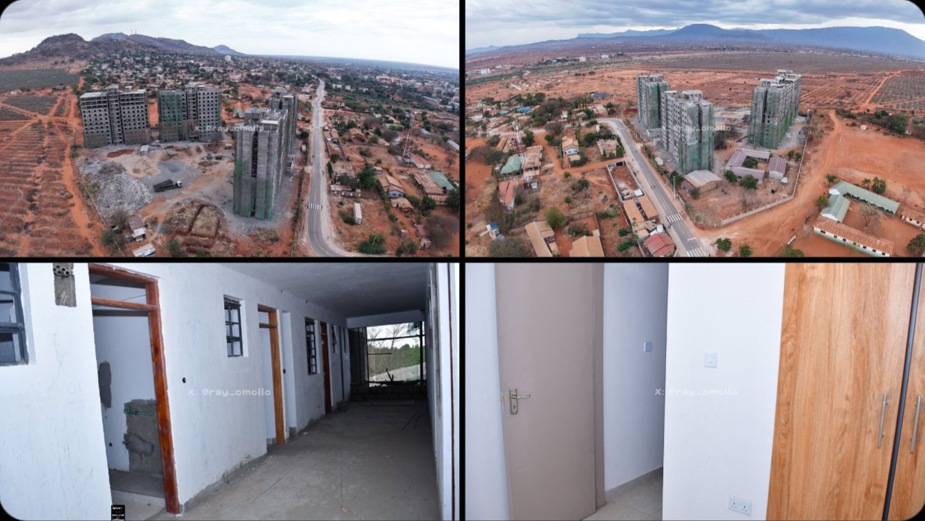 Aerial view of multi-storey affordable housing blocks under construction alongside completed interior corridor and doorway spaces.