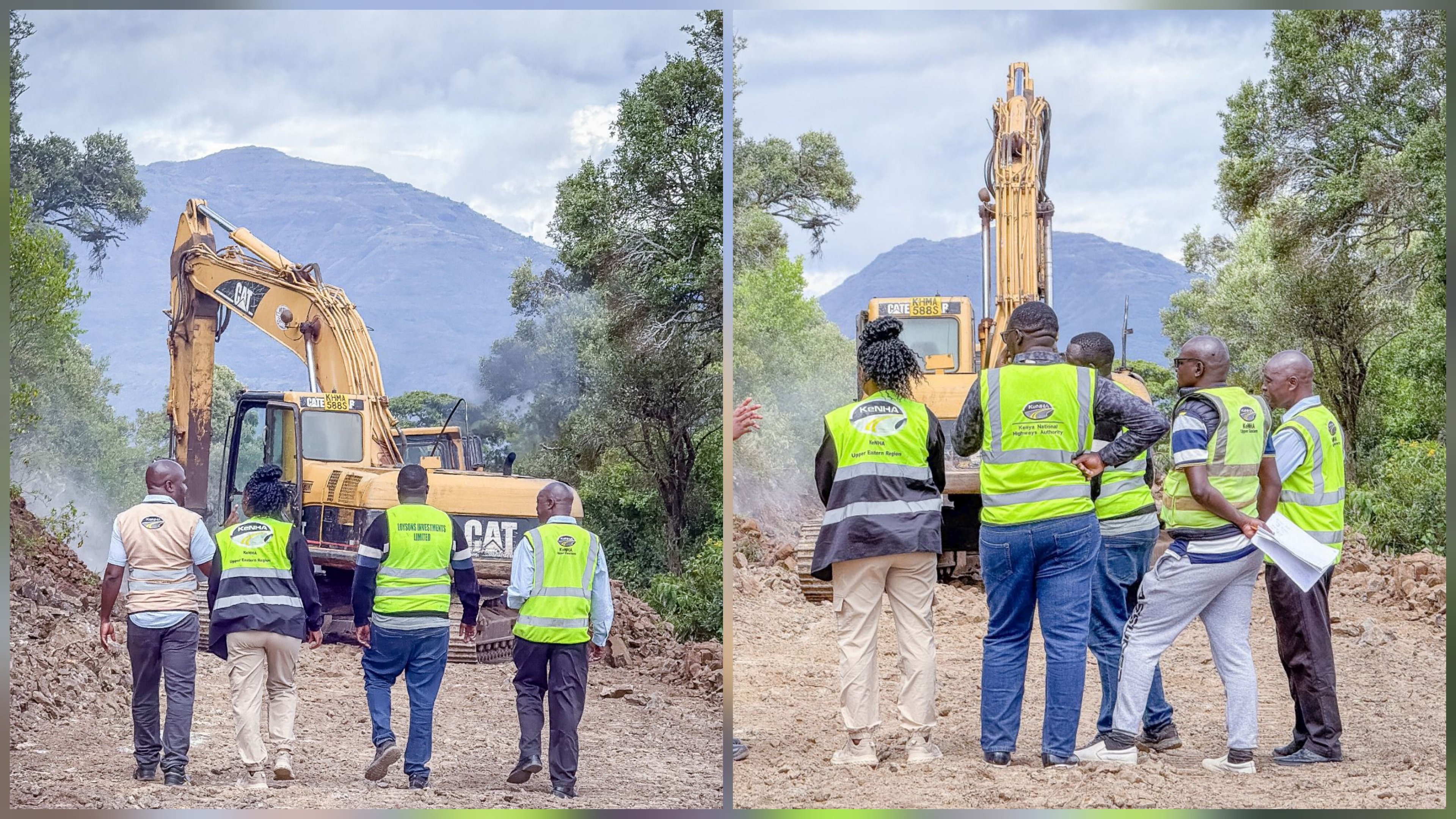 Eng. Howard M'mayi and KeNHA officials standing on a dirt road next to a yellow excavator during a site inspection of the A4 road in Samburu.