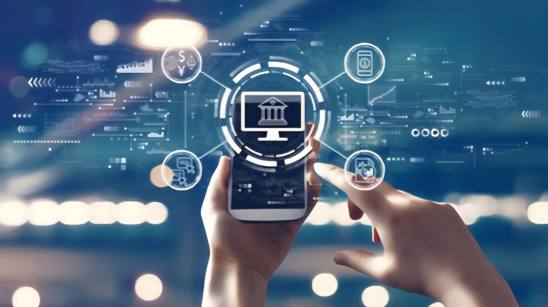 A person using a smartphone to access a financial application with a digital overlay representing blockchain connectivity.