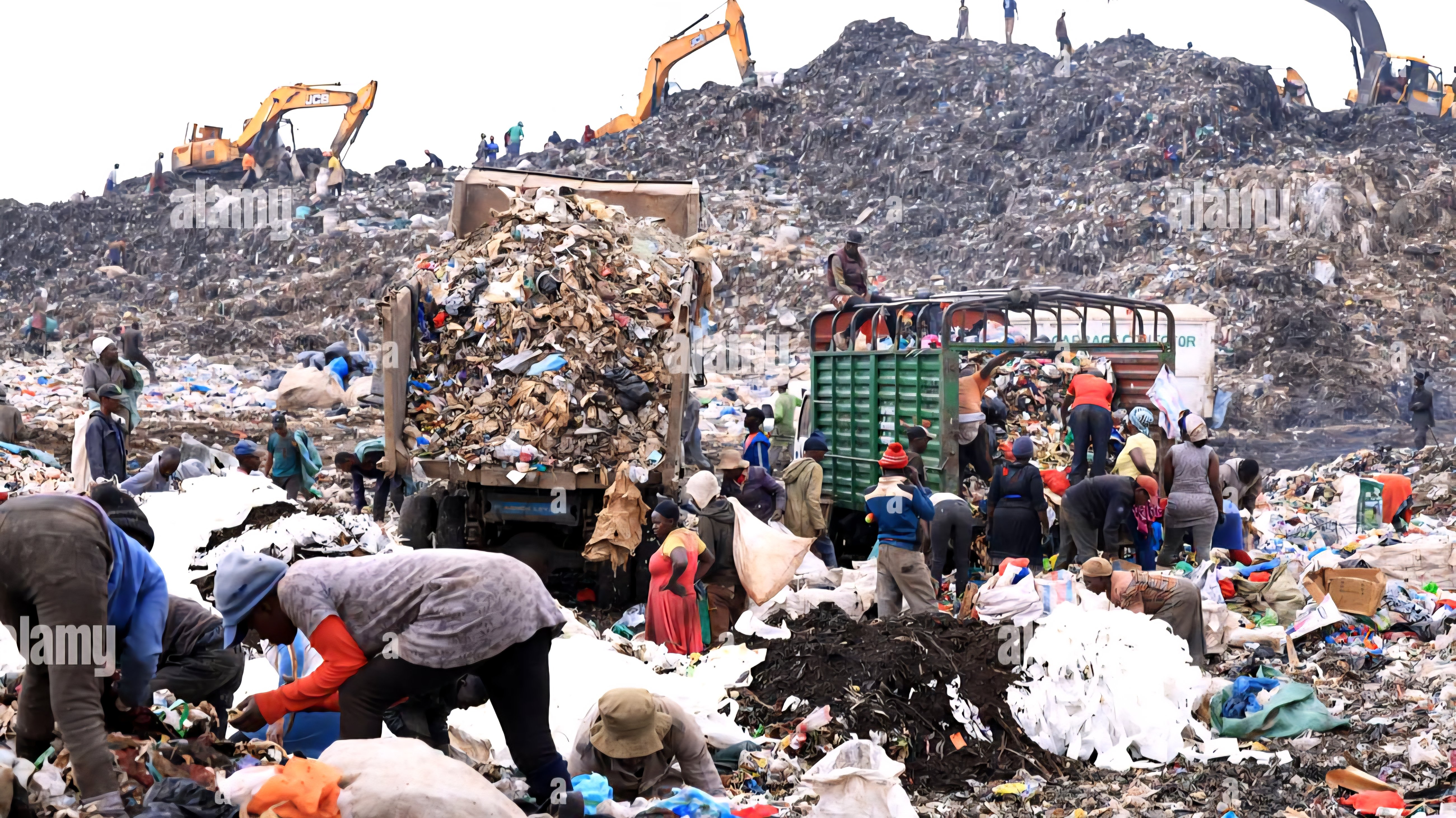 Aerial view of the Dandora dumpsite in Nairobi showing accumulated waste piles and smoke with residential buildings in the background.