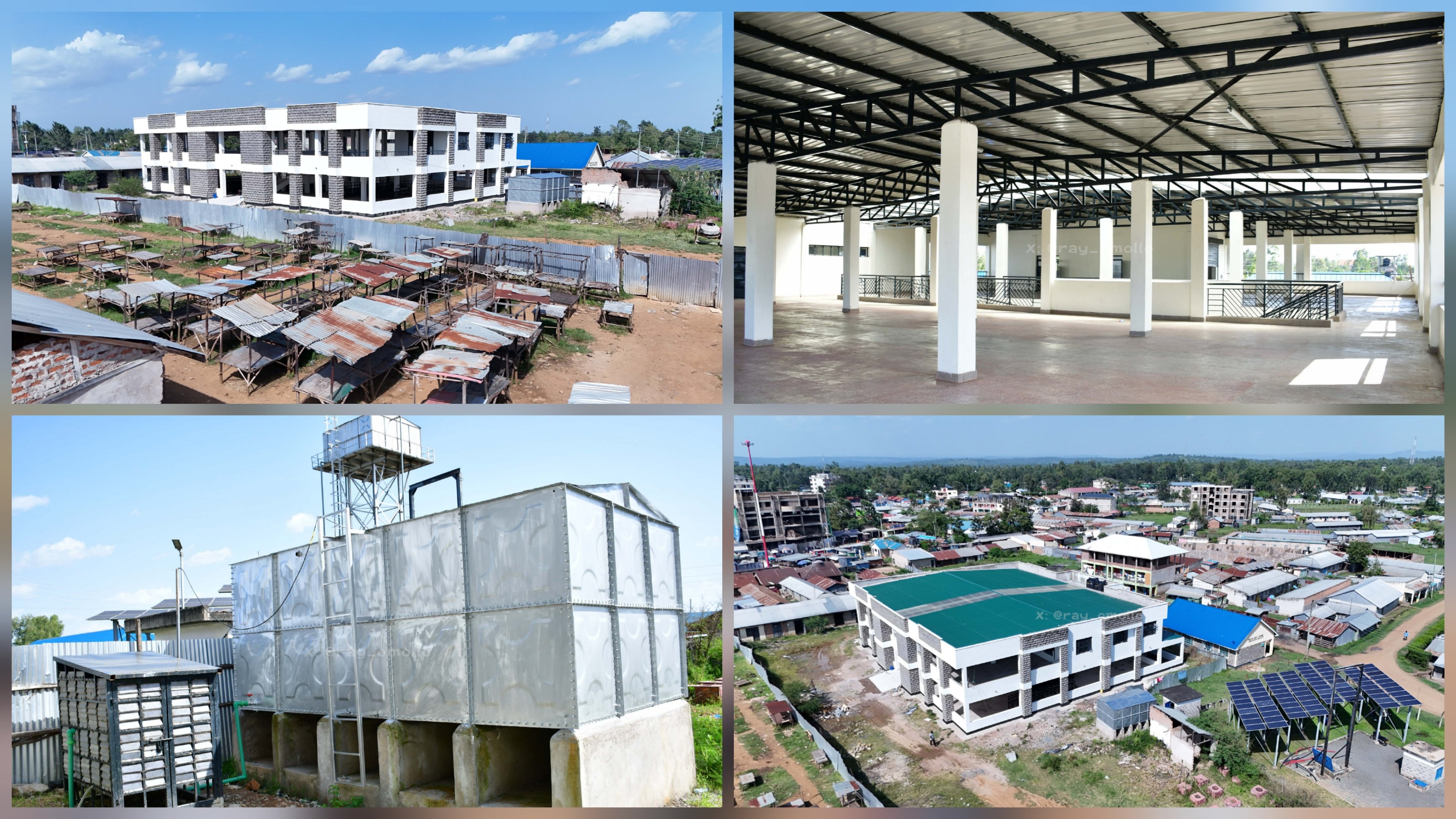 Aerial and ground views of the completed Rodi Kopany ESP market building, elevated steel water tank, and solar panel installation in Homa Bay County.