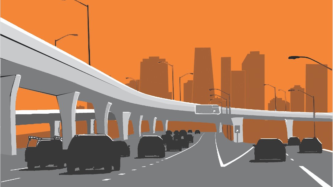 A wide-angle conceptual architectural rendering of a multi-lane concrete elevated highway and dual carriageway system with vehicles moving below a modern city skyline under an amber sky.