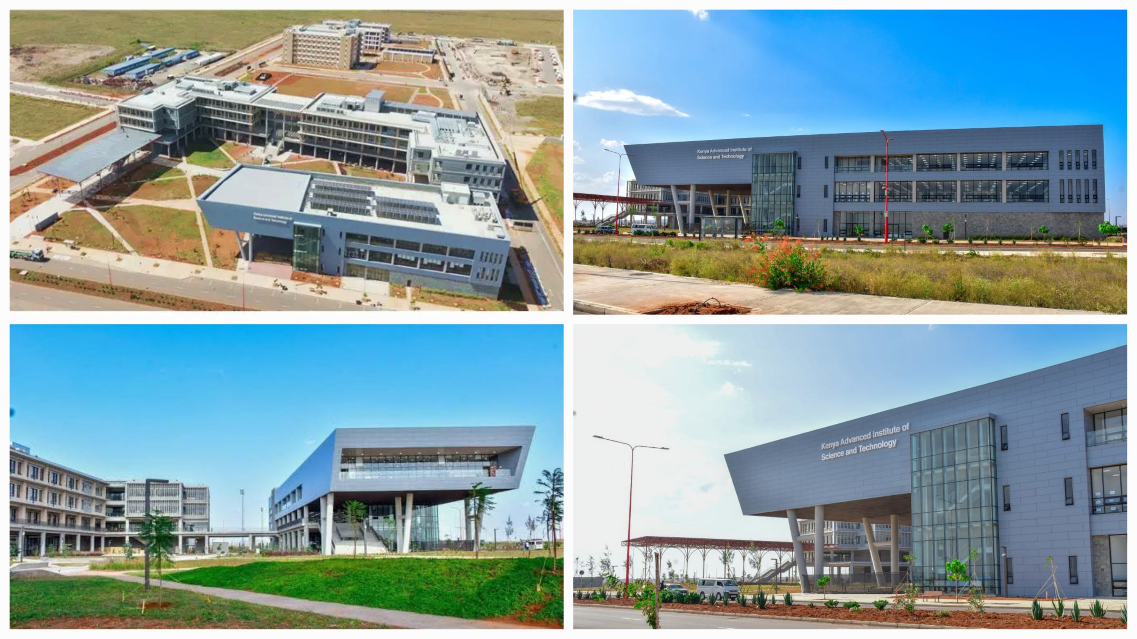 Aerial and ground-level views of the modern gray and glass buildings of the Kenya Advanced Institute of Science and Technology campus in Konza.