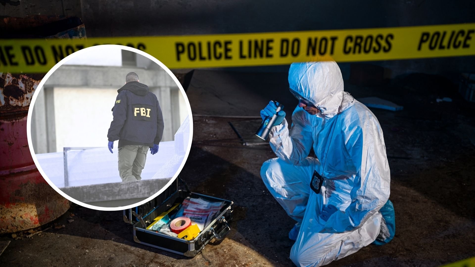 A forensic investigator in a blue protective suit kneels at a cordoned-off scene marked with yellow police tape, reflecting the ongoing federal probe into missing scientific personnel.