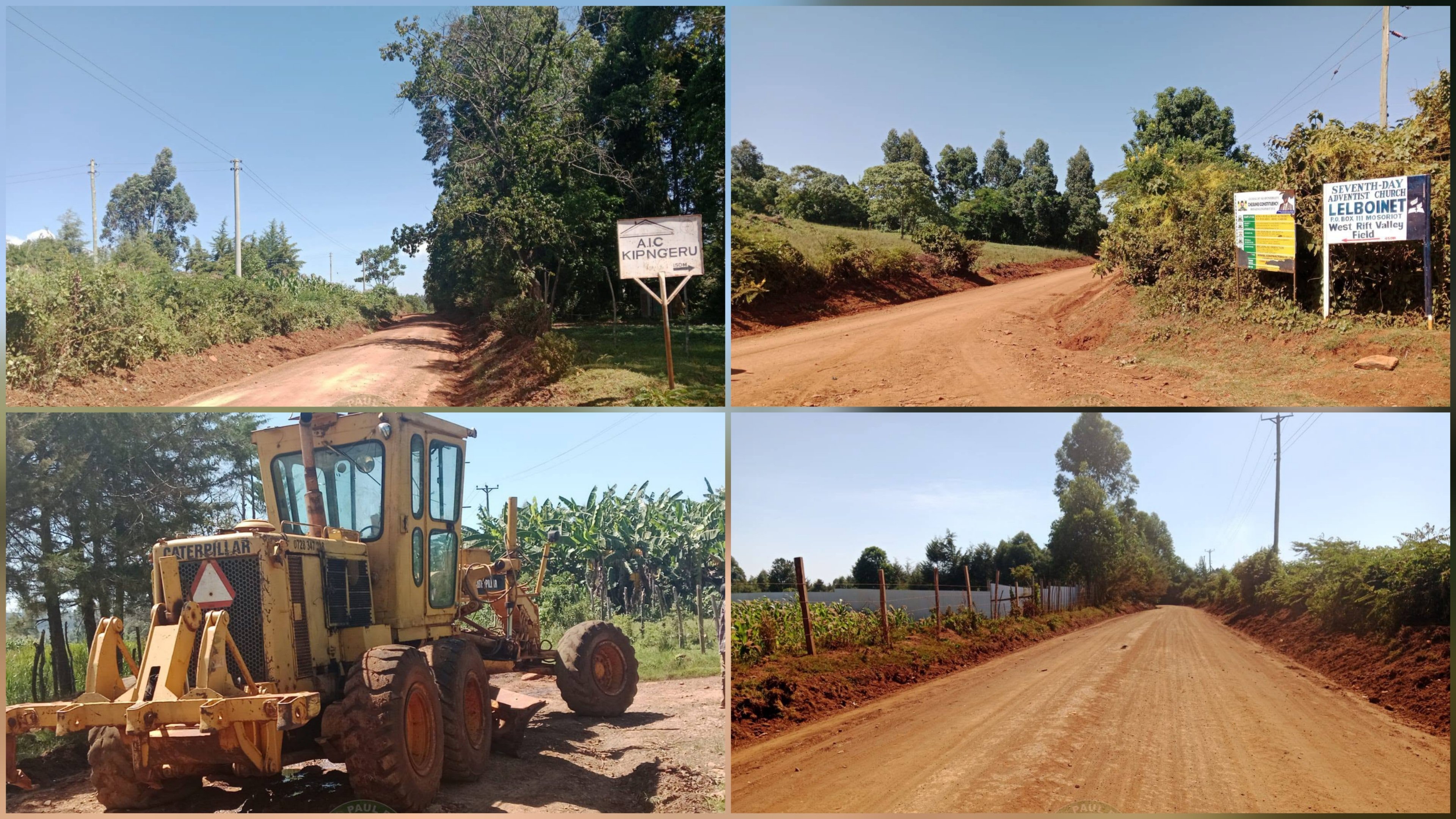 A four-panel photo grid showing the unpaved Mosoriot-Lelboinet-Kapkong'ony road network in Kenya, including local signage, dirt paths, and a yellow motor grader smoothing the earth subgrade during construction.