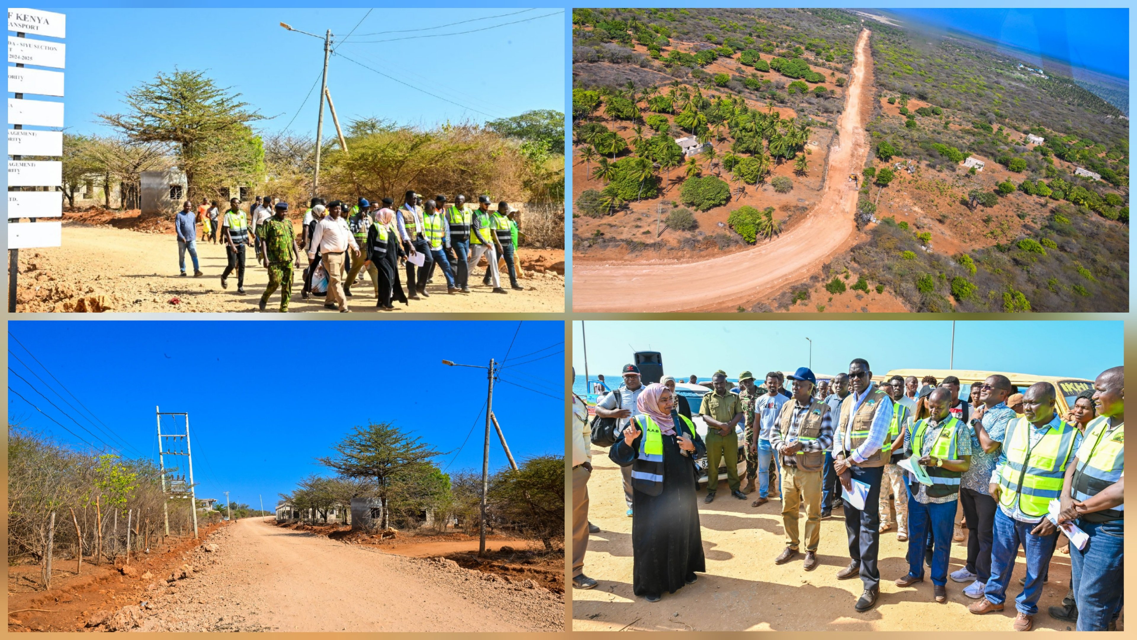 Cabinet Secretary Davis Chirchir and engineering officials standing at the construction site of the Mtangawanda-Siyu Road in Lamu East.
