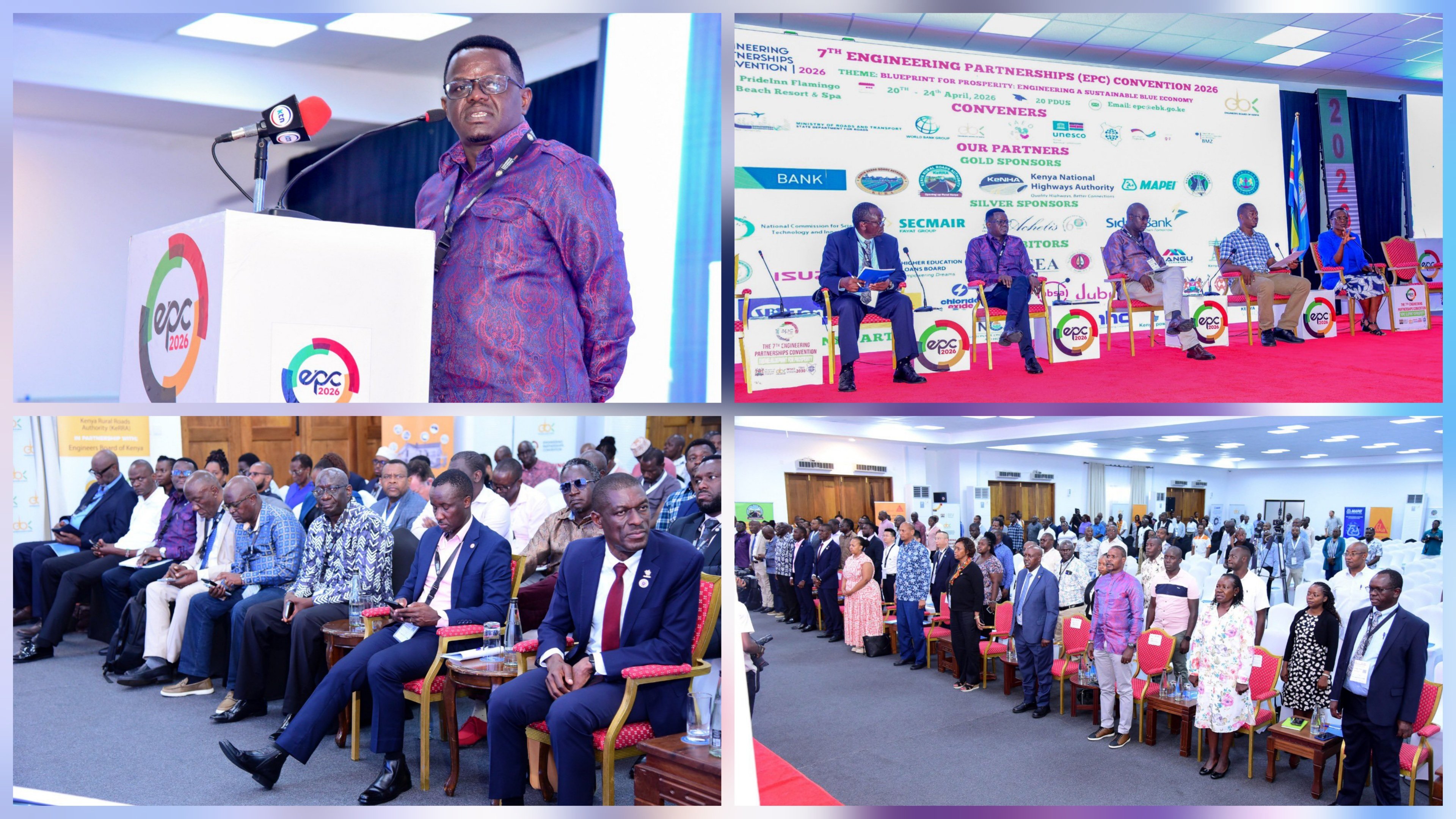 A professional man in a purple patterned shirt speaks at a podium during the Engineering Partnerships Convention 2026 in Mombasa, Kenya.